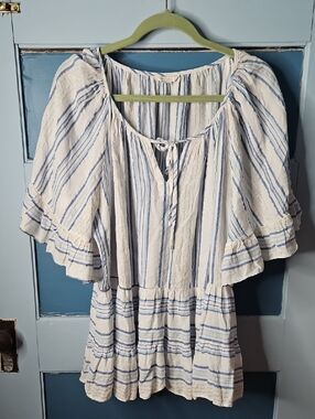 Cato Women's Blue and White Striped Peasant Top 26W/28W